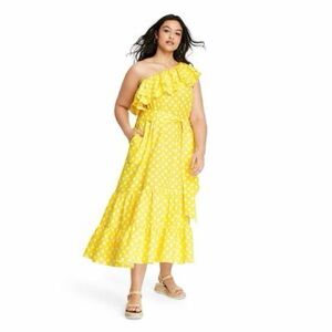 Lisa Marie Fernandez Yellow Polka Dot One-Shoulder Dress 55% LINEN